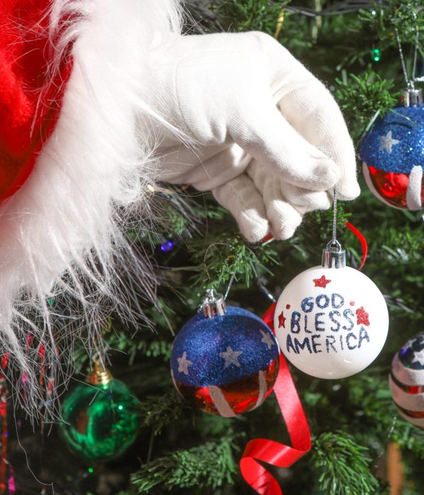 God bless America lettering in Christmas ball. USA flag. Happy Merry Christmas and New Year!